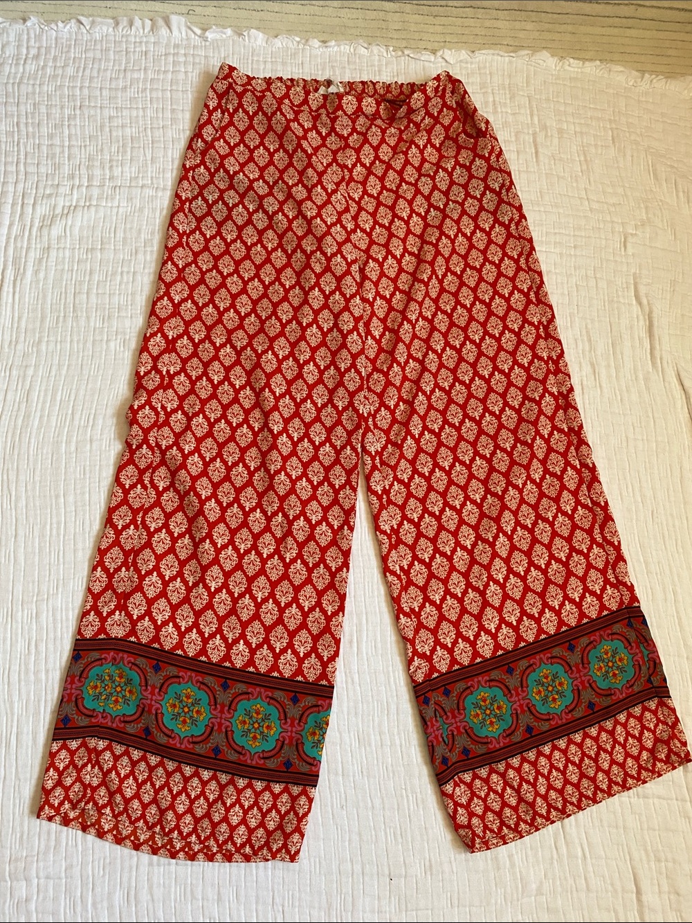LOVE TREE Orange Printed Wide-Leg Pants with Teal Border